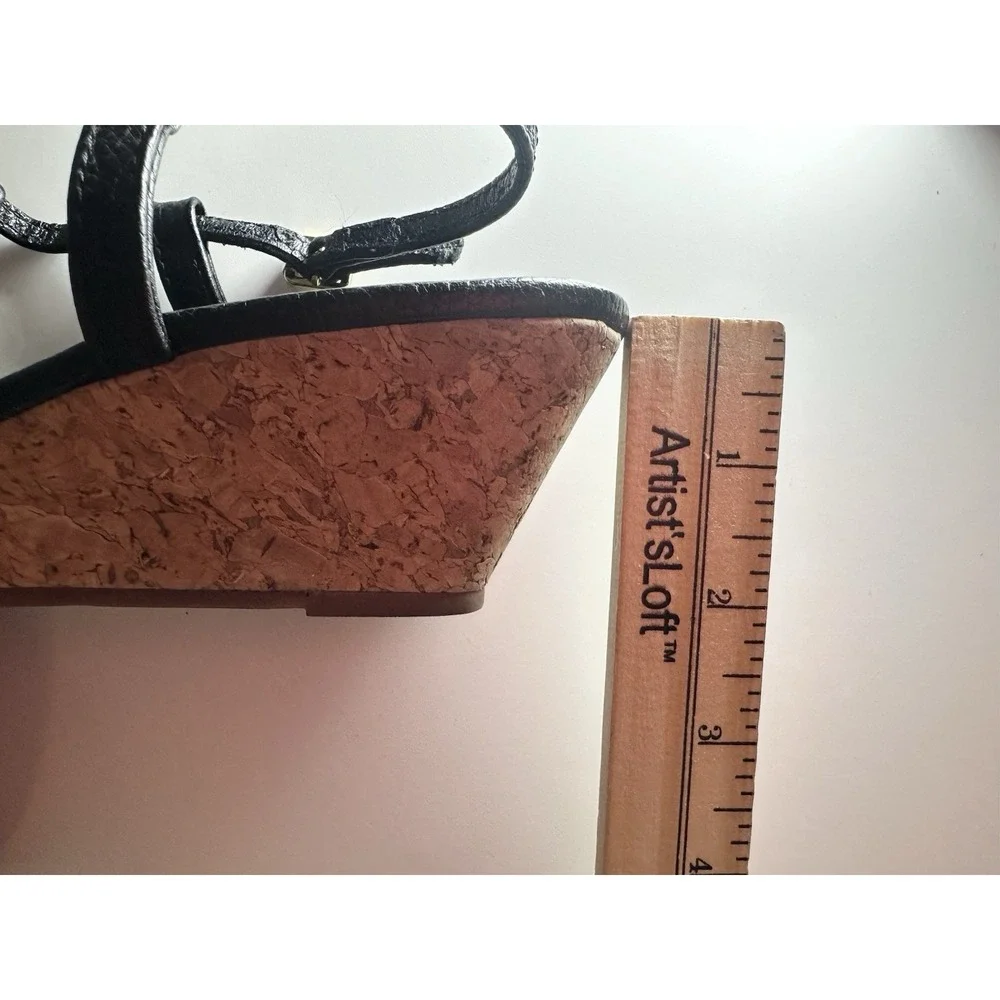 Tory Burch SIZE 7.5 Britton Black Leather Thong Wedge Sandals Cork Heels Logo
